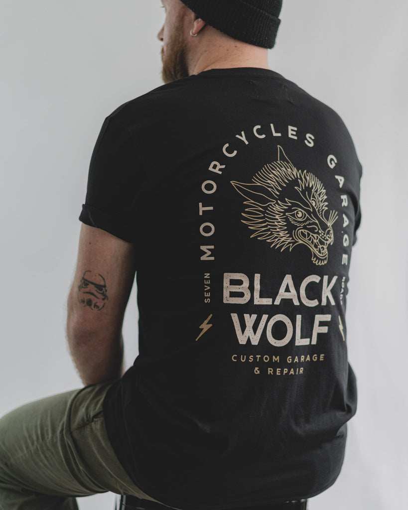 "The Black Wolf Garage " T-shirt noir sérigraphié coton bio